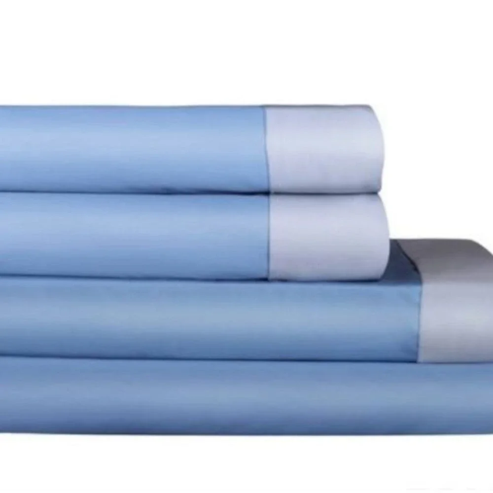 King Size 500 Thread Count Cotton Reversible Blue Sheet Set 4pc Two Looks in One